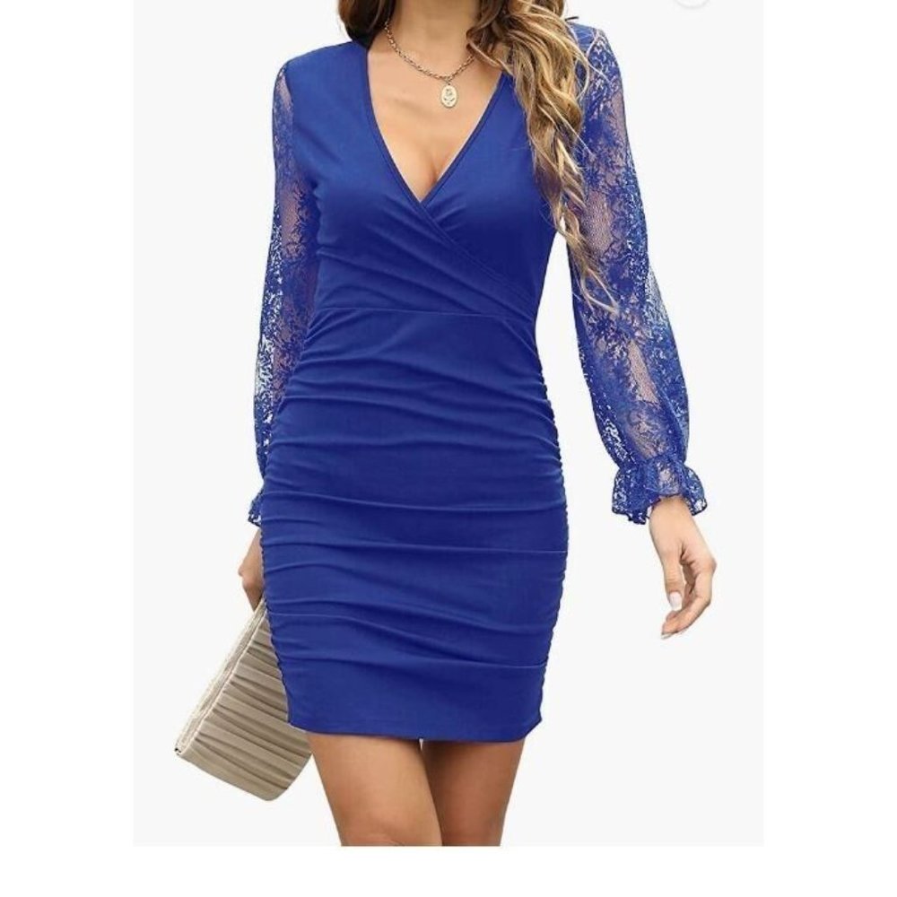 lashbair Women's Lace Long Sleeve Dress V-Neck Tight Cocktail Dress LARGE NWT